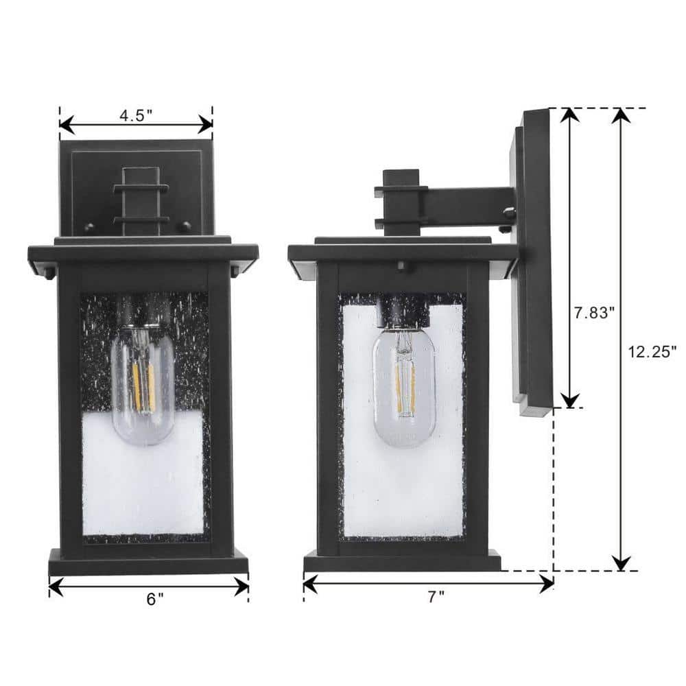 Medium Black Aluminum Outdoor Lantern Sconce with Seeded Glass