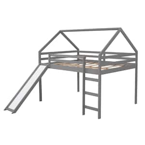 Full Size Loft Bed with Slide, House Bed with Slide - Gray