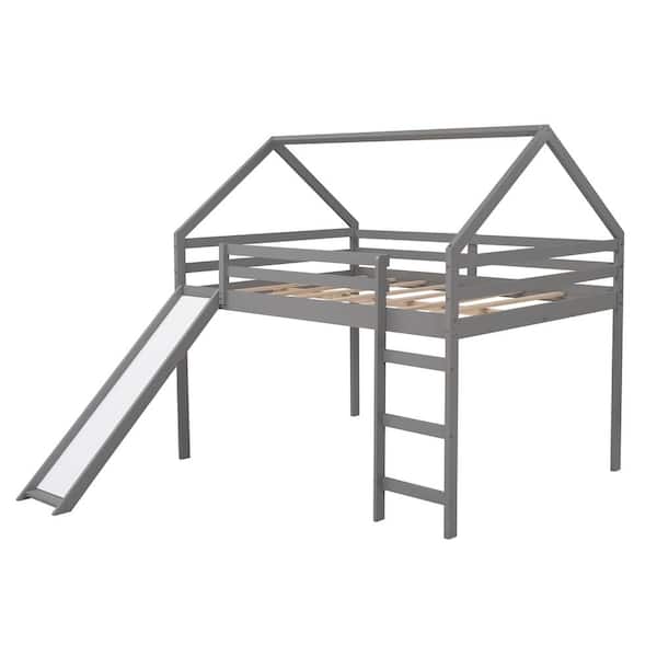 aisword Full Size Loft Bed with Slide, House Bed with Slide - Gray