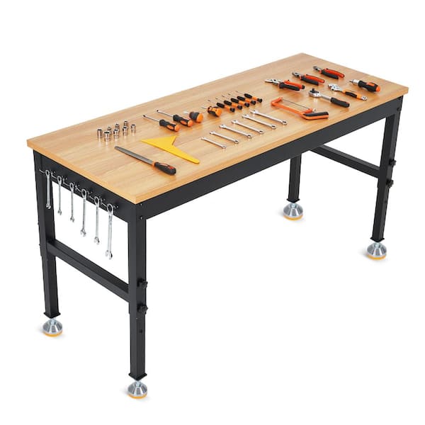 72 in. W x 24 in. D Adjustable Height Workbench Table with Solid Rubberwood Top and Built-In Power Outlets in Black