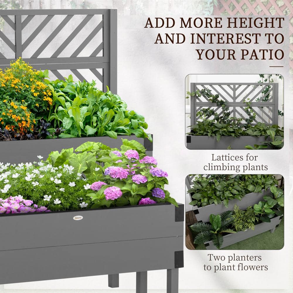 Gray 2-Tier Wooden Raised Garden Bed with Trellis and Metal Corners