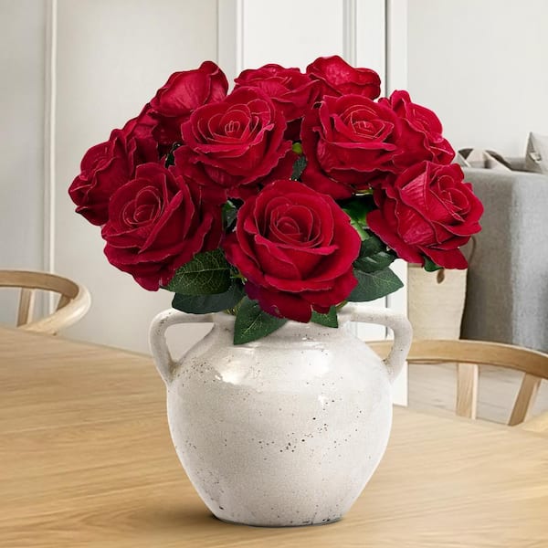 LIVING LUXURY 16 in. Red Artificial Velvet Rose Flower Stem Bush Bouquet  (Set of 2) 91908-R