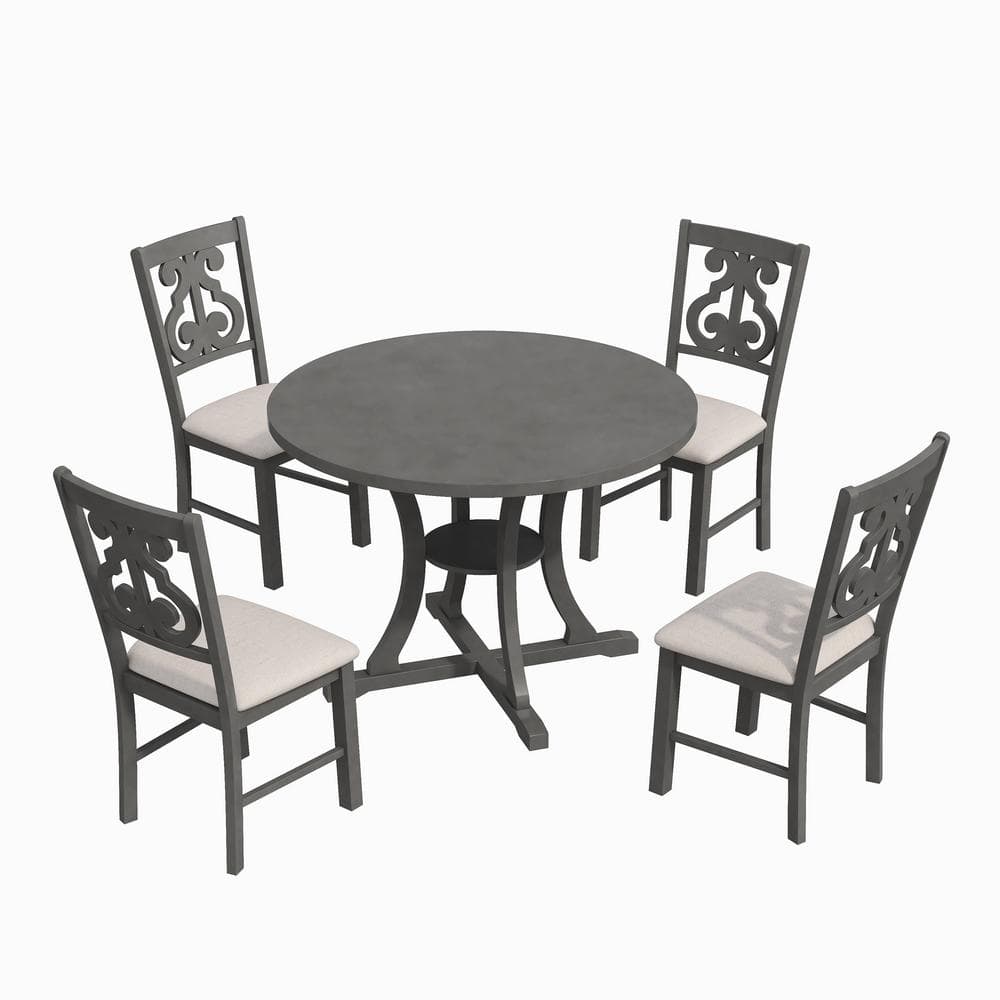 Gray Wood Round Bistro Dining Set with Beige Cushions