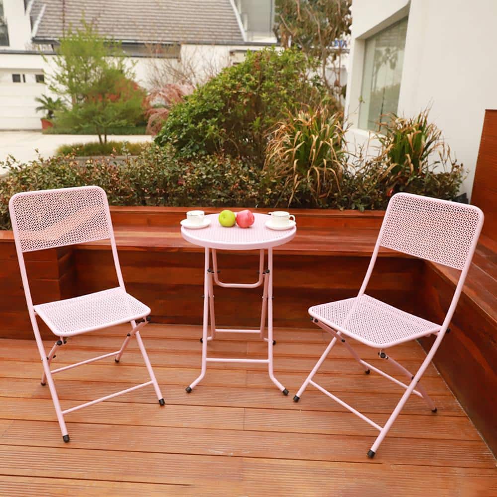 3-Piece Metal Frame Folding Outdoor Bistro Set in Pink