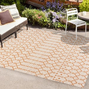 Ourika Moroccan Geometric Textured Weave Cream/Orange 8 ft. x 10 ft. Indoor/Outdoor Area Rug