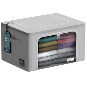 Gray 24 in. x 14 in. Fabric Decorative Box Set of 1, Jumbo Stackable Storage Bins with Metal Frame, Window, & Handles