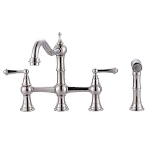 Double Handles Bridge Kitchen Faucet with Side Sprayer in Polished Chrome