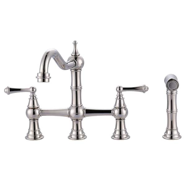 ALEASHA Double Handles Bridge Kitchen Faucet with Side Sprayer in Polished Chrome