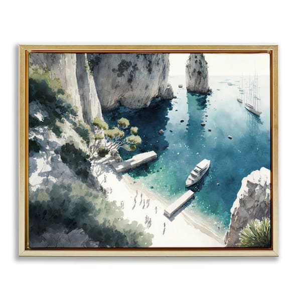 Stupell Industries Boats on Rocky Shore by Svetlana Aleynikova Gold Floater Frame Nature Graphic Art Print 25 in. x 31 in.