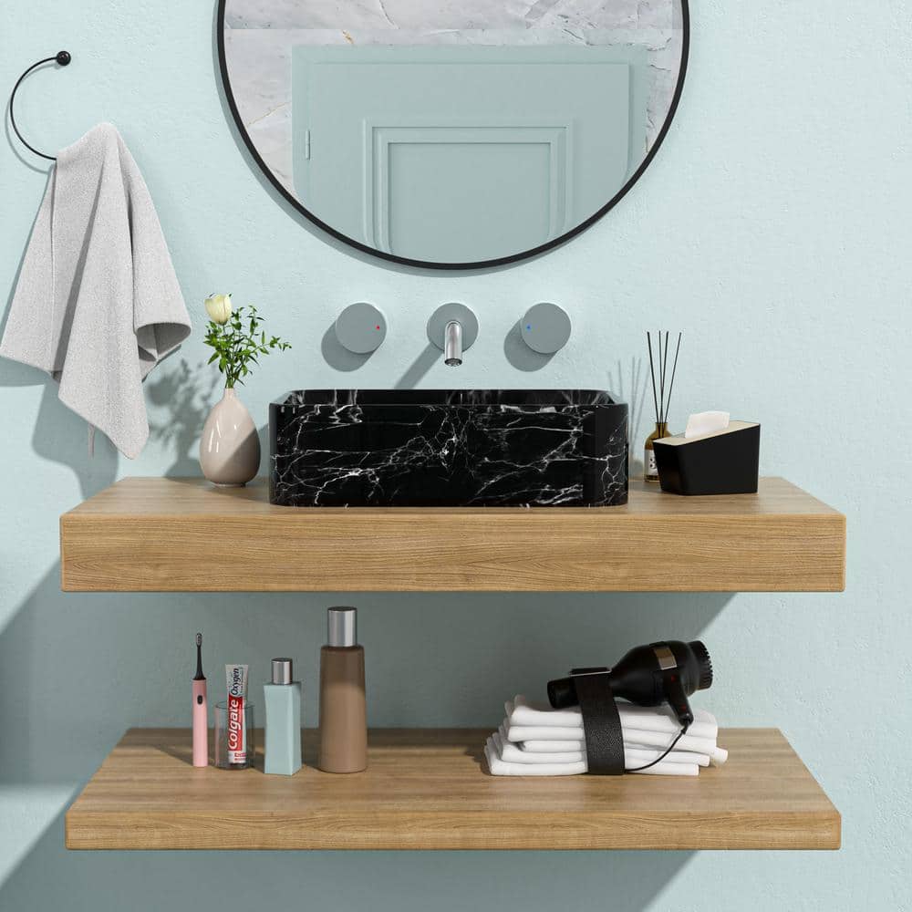 19" x 15" Black and Gray Marble Pattern Ceramic Rectangular Vessel Sink
