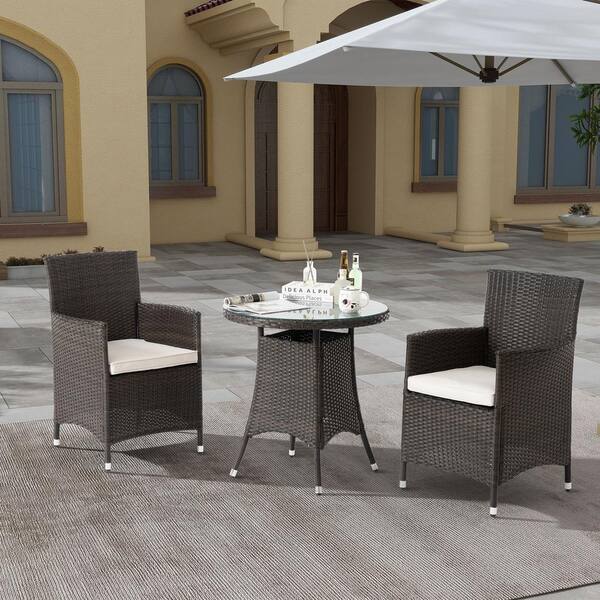 Tunearary 3-Piece Wicker Round Tempered Glass Tabletop Outdoor Dining Set with White Cushions