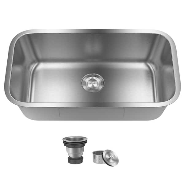 32 in. Undermount Single Bowl 18-Gauge Brushed Stainless Steel Kitchen Sink with Basket Strainer