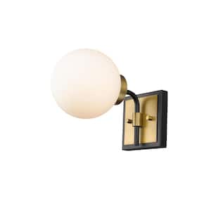 1-Light Matte Black and Olde Brass Wall Sconce with Opal Glass Shade