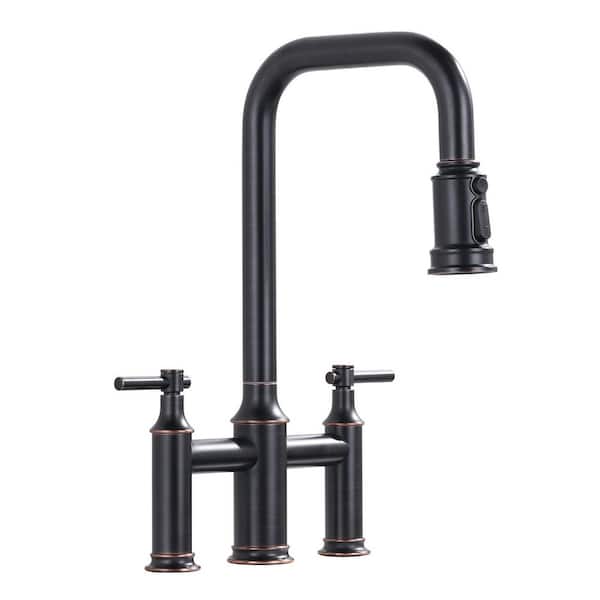 Double Handle Bridge Kitchen Faucet with 360° Spout Swivel in Oil Rubbed Bronze