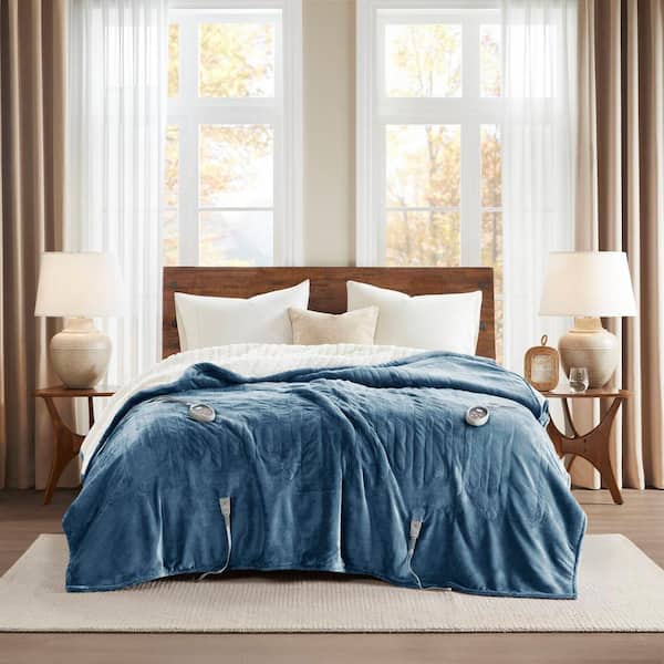 Heated Plush to Berber Sapphire Blue Polyester King Electric Blanket