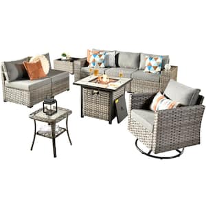 Tahoe Grey 9-Piece Wicker Outdoor Patio Fire Pit Conversation Sofa Set with a Swivel Rocking Chair and Grey Cushions