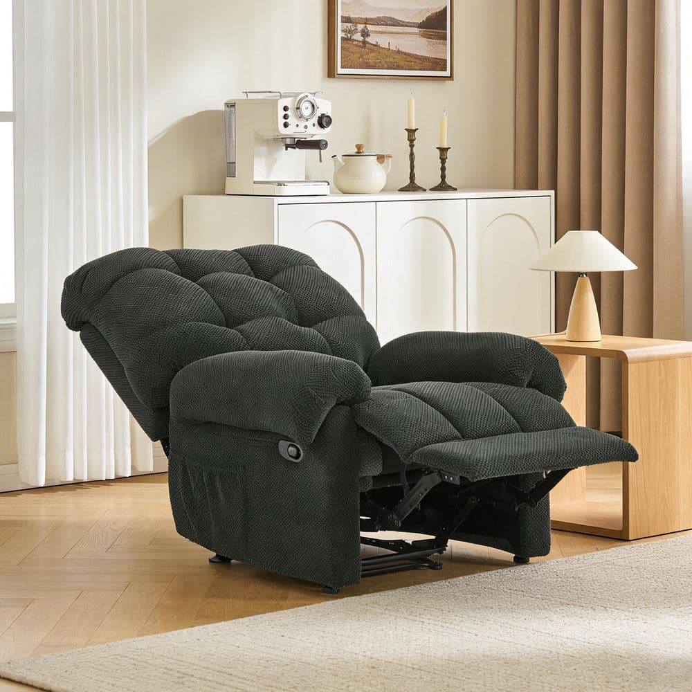 Dark Gray Nubby Upholstery Overstuffed Wingback Manual Recliner with Padded Footrest