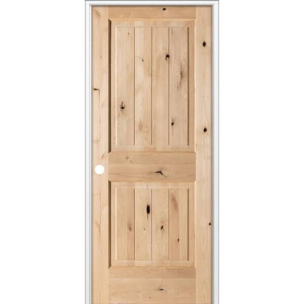 32 in. x 80 in Knotty Alder 2-Panel V-Groove Solid Wood Right-Hand Unfinished Wood Single Prehung Interior Door
