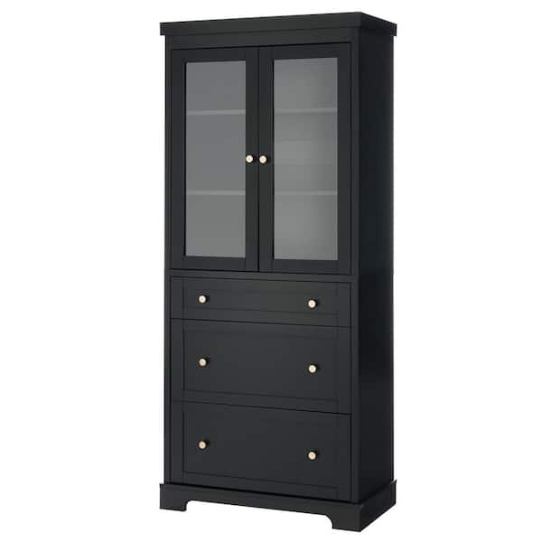 30.1 in. W x 15.7 in. D x 70.1 in. H Black Wood Freestanding Linen Cabinet with 2-Adjustable Shelves and Glass Doors