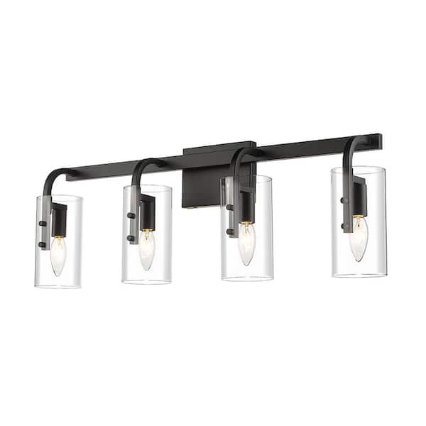 pasentel 28.25 in. 4-Light Black Vanity Light with Clear Cylinder Glass Shades