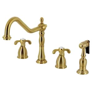 French Country 2-Handle Deck Mount Widespread Kitchen Faucets with Brass Sprayer in Brushed Brass