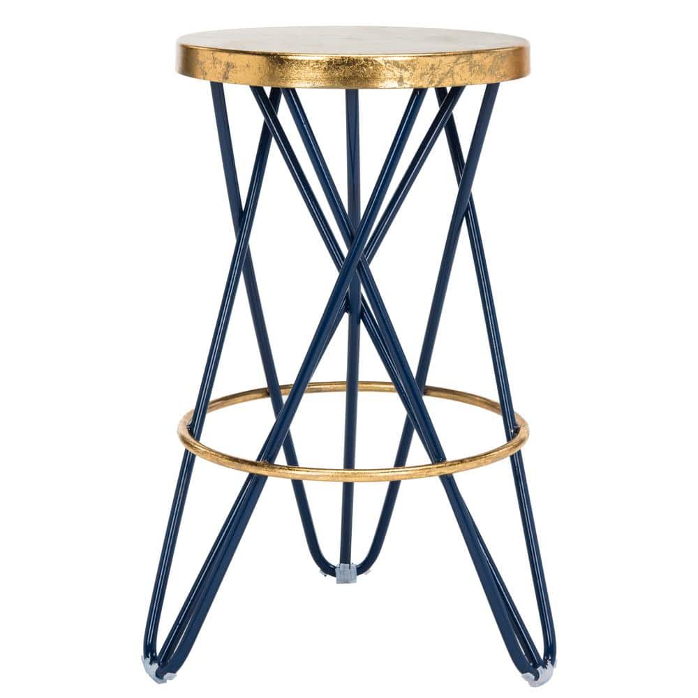 Beige and Blue Wood Metal Backless Counter Stool