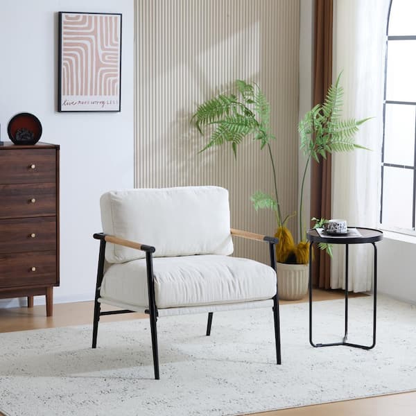 Minimalist White Metal Frame Polyester Arm Chair, Accent Chair with Plush Cushions, Wooden Armrests