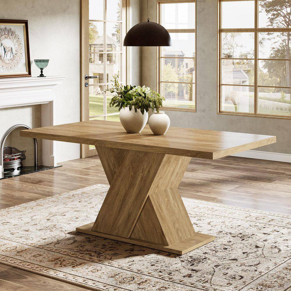 Sealey Farmhouse Light Brown Wood 55 in. Pedestal Dining Table Seats 4-6 Rectangle Dining Room Table for Dining Room
