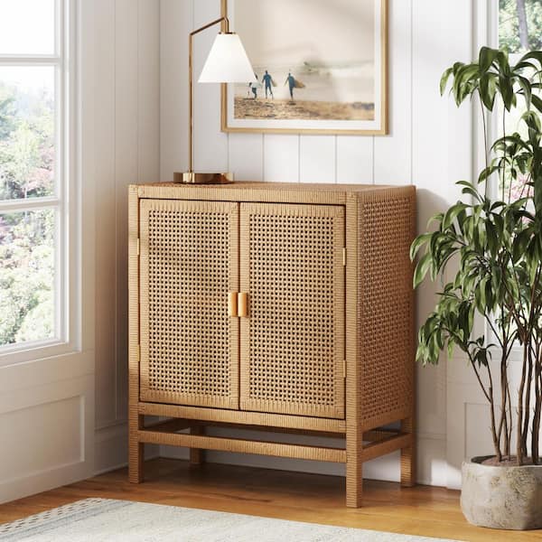 Nathan James Tanner Boho Light Golden Oak and Rattan 37 in. Accent Cabinet, Rattan Storage Cabinet Sideboard with Solid Wood Legs