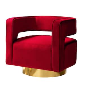 Gustaf Contemporary Velvet Red Comfy Swivel Barrel Chair with Open Back and Metal Base