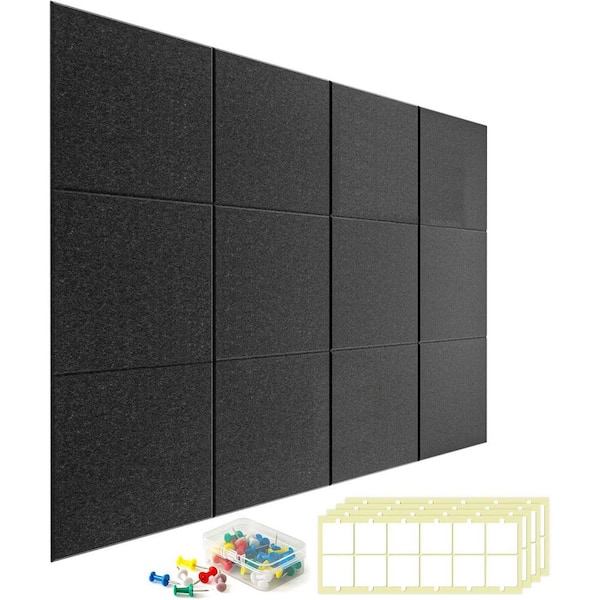 48 x 36 Wall Tile Black High-Density Recyclable Polyester Fiber Customizable Bulletin Board, Home School Office 12-Packs