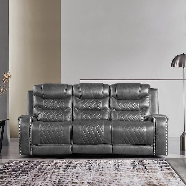 Unbranded Bergen 86.5 in. W Straight Arm Faux Leather Rectangle Power Reclining Sofa with Center Drop-Down Cup Holders in Gray