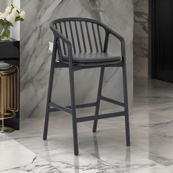Benjara 35 in. Black Low Back Wood Frame Bar Stool with Faux Leather Seat