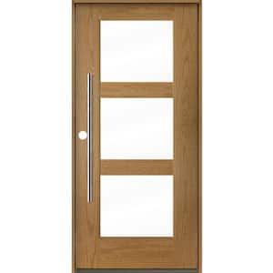 Modern Faux Pivot 36 in. x 80 in. 3-Lite Right-Hand/Inswing Clear Glass Bourbon Stain Fiberglass Prehung Front Door