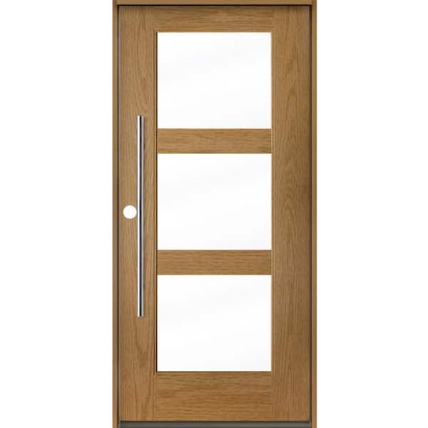 Krosswood Doors Modern Faux Pivot 36 in. x 80 in. 3-Lite Right-Hand/Inswing Clear Glass Bourbon Stain Fiberglass Prehung Front Door