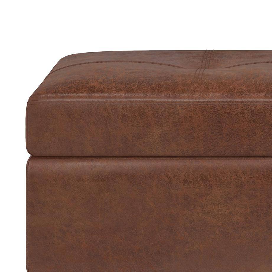Distressed Saddle Brown Tufted Faux Leather Footstool with Tray