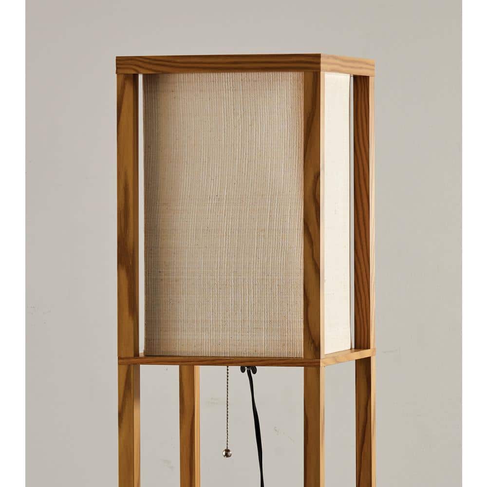 Natural Wood Veneer 63'' Floor Lamp with Textured Shade and Shelves