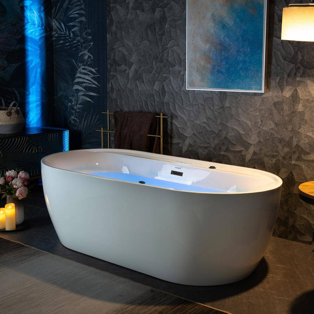 72" White Acrylic Freestanding Whirlpool Tub with Matte Black Trim