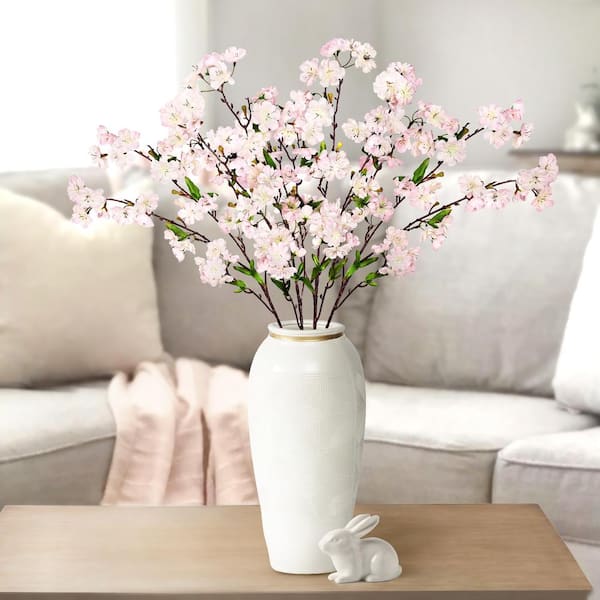 35 in. Cream Pink Artificial Cherry Blossom Flower Stem Spray (Set of 4)