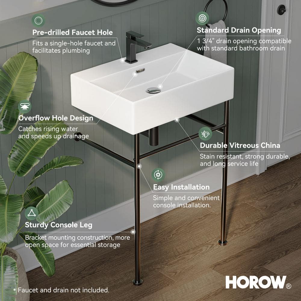 24" White Ceramic Wall-Mount Bathroom Console Sink with Black Legs