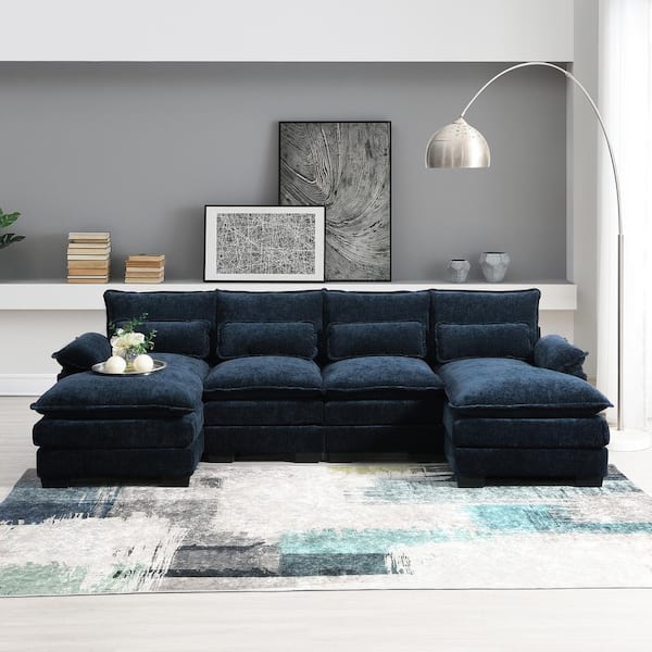 sumyeg 109.8 in. U-Shaped Velvet Sectional Sofa in Blue with Chaise Lounge and Waist Pillows