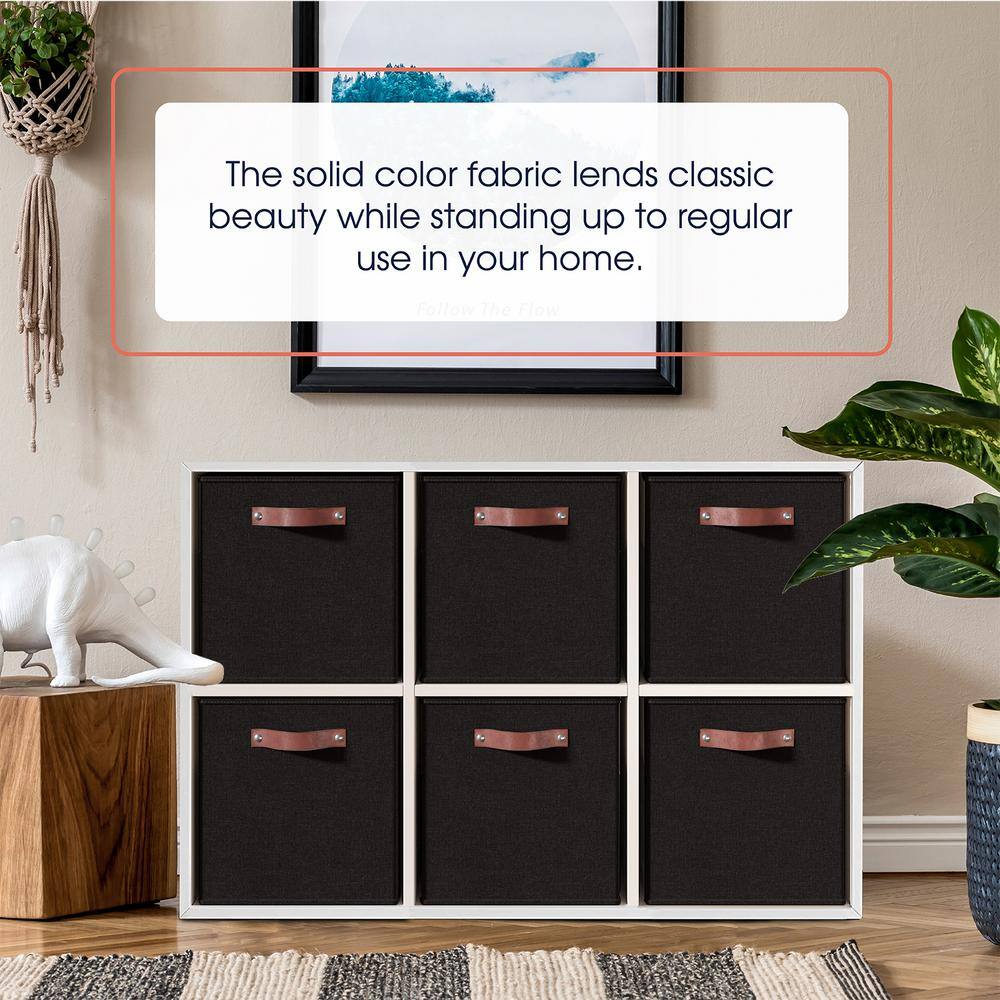 Black Linen Cube Storage Bins with Leather Handles, Set of 6