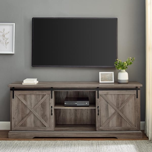 70 in. Farmhouse Grey Wash Wood and Metal TV Stand with Sliding X Barn Doors (Max TV Size 80 in.)