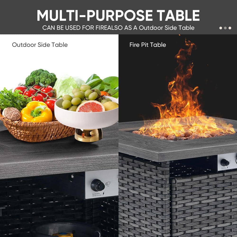 Gray Wicker Propane Fire Pit Table with Faux Wood Top