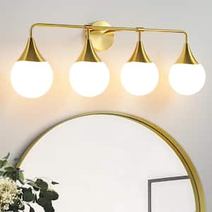 33 in. 4 Light Brushed Gold Vanity Light with Milk White Globe Glass Shade Modern Bathroom Lighting Fixtures