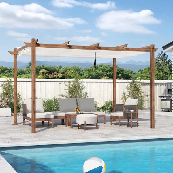 PURPLE LEAF 10 ft. W x 13 ft. D Outdoor Natural Wood Grain Aluminum Pergola with White Adjustable Sun Canopy and Protective Roof