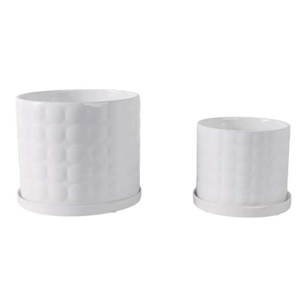 6 in. and 8 in. White Ceramic Round Bubble Decorative Planters (Set of 2)