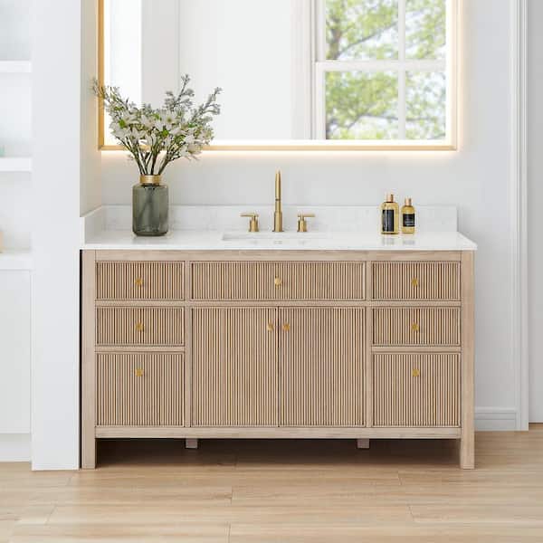 Cerrito 60 in. Single Sink Freestanding Nature Oak Bath Vanity with Grain White Engineered Stone Top Assembled