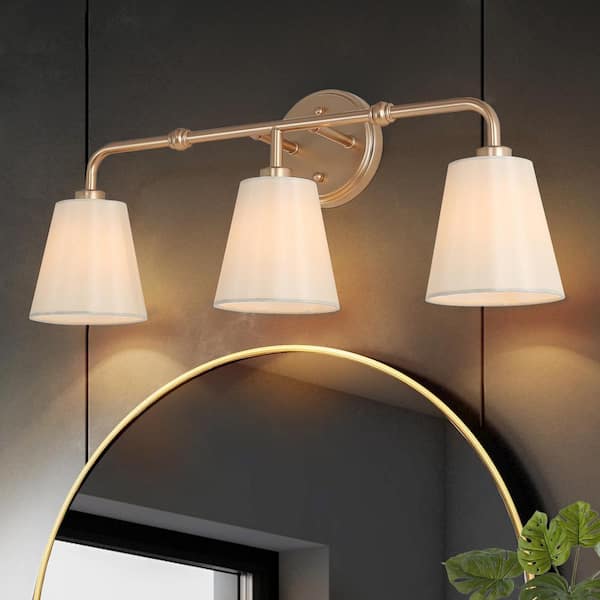 Uolfin Modern Farmhouse Bathroom Wall Sconce Light, 23.5 in. 3-Light Transitional Gold Bell Vanity Light with Fabric Shades