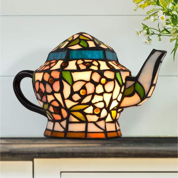 Lavish Home 7 in. Multi-Colored Stained Glass Tiffany Style LED Teapot Lamp with Brown Metal Handle